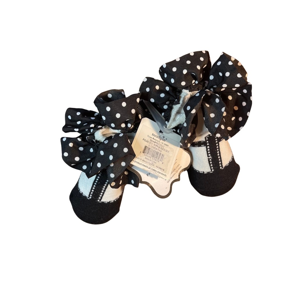 Mud Pie Newborn Polka Dot Ruffle Sock Shoes Black White 0-12 Months - Picture 2 of 8